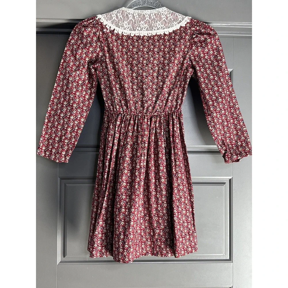 Vintage 70s Diane von Furstenberg Dress‎ Girls 8 Lace Red Floral Cottagecore